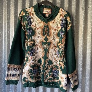 Crystal Kobe Vintage Green Floral Ramie Cotton Knit Sweater Large Cottagecore